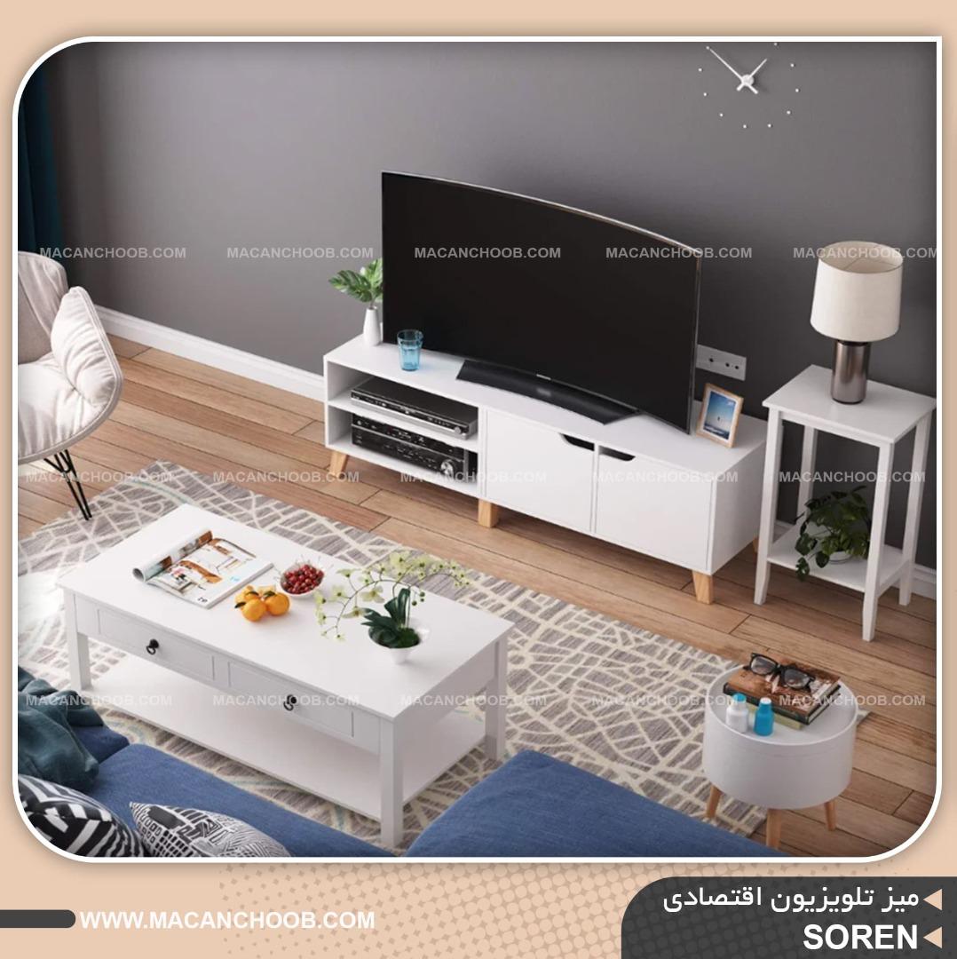 میز تلویزیون پایه چوبی کمد دار و قفسه دار مدل SOREN